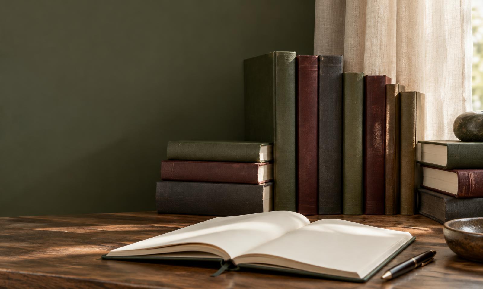 A personal collection of books in an olive-painted English reading room